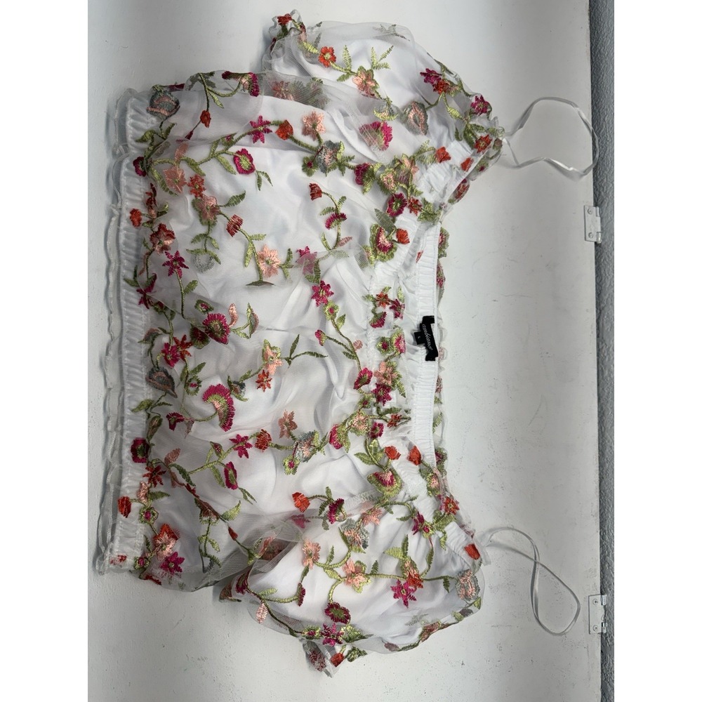 Ambiance Women White Sheer Floral Embroidered Crop Top Boho Blouse Large 65909